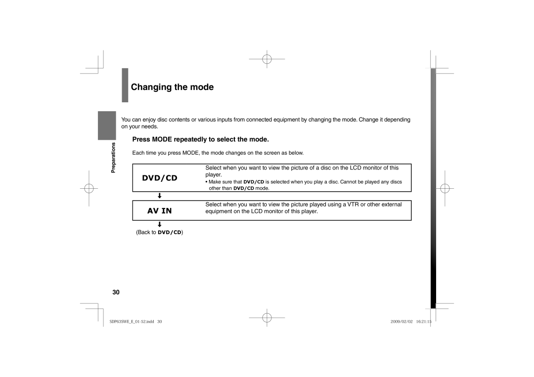 Toshiba SDP63SWE owner manual Changing the mode, Press Mode repeatedly to select the mode, Player, Other than DVD/CD mode 