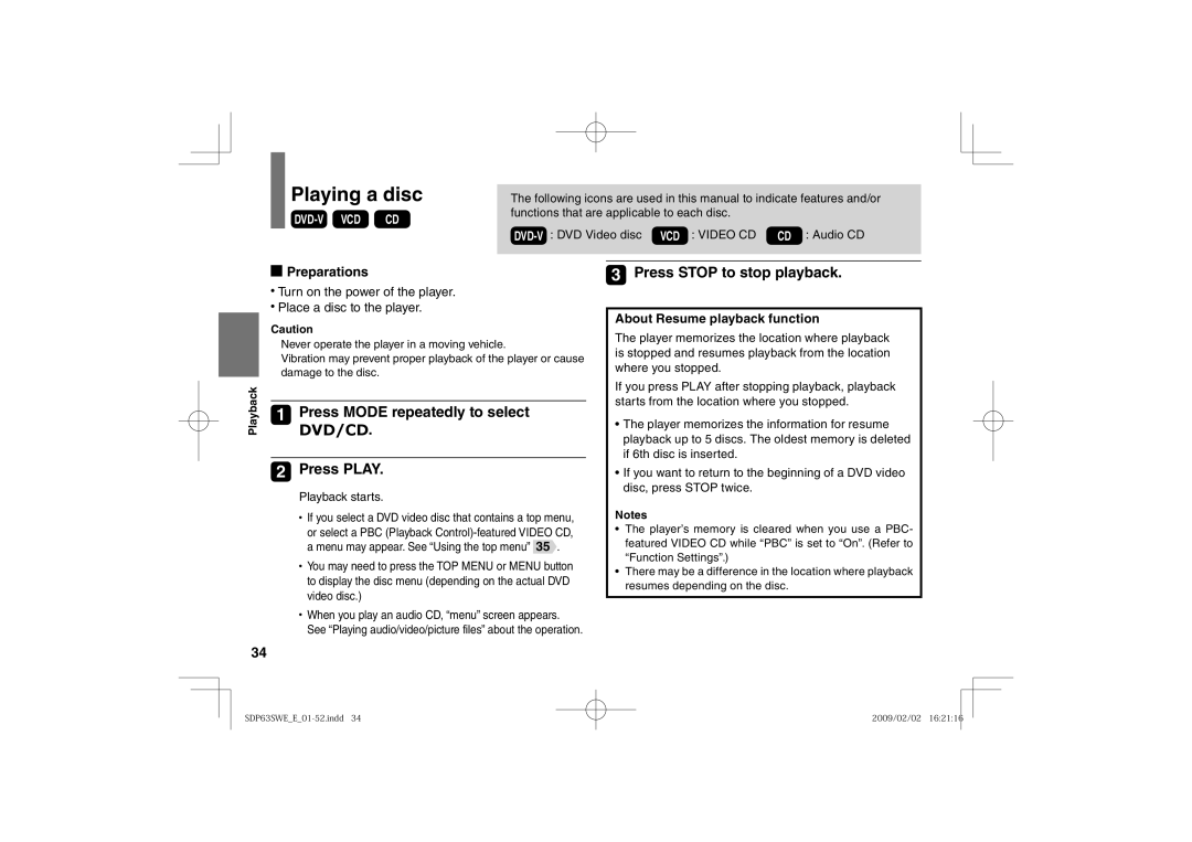 Toshiba SDP63SWE Playing a disc, Press Mode repeatedly to select, Press Play, Press Stop to stop playback, Preparations 