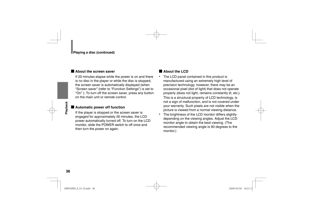 Toshiba SDP63SWE owner manual About the screen saver, Automatic power off function, About the LCD 