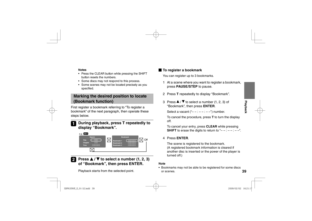 Toshiba SDP63SWE owner manual Marking the desired position to locate Bookmark function, Bookmark, then press Enter 