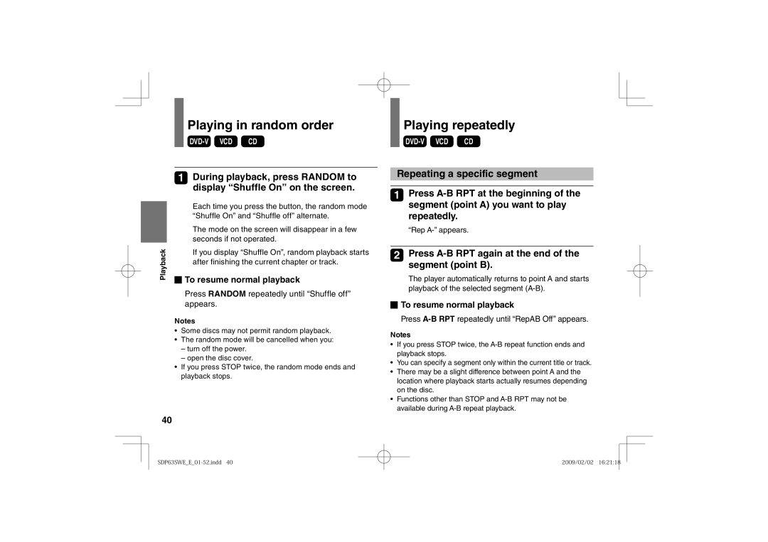 Toshiba SDP63SWE Playing in random order, Playing repeatedly, Repeating a specific segment, To resume normal playback 