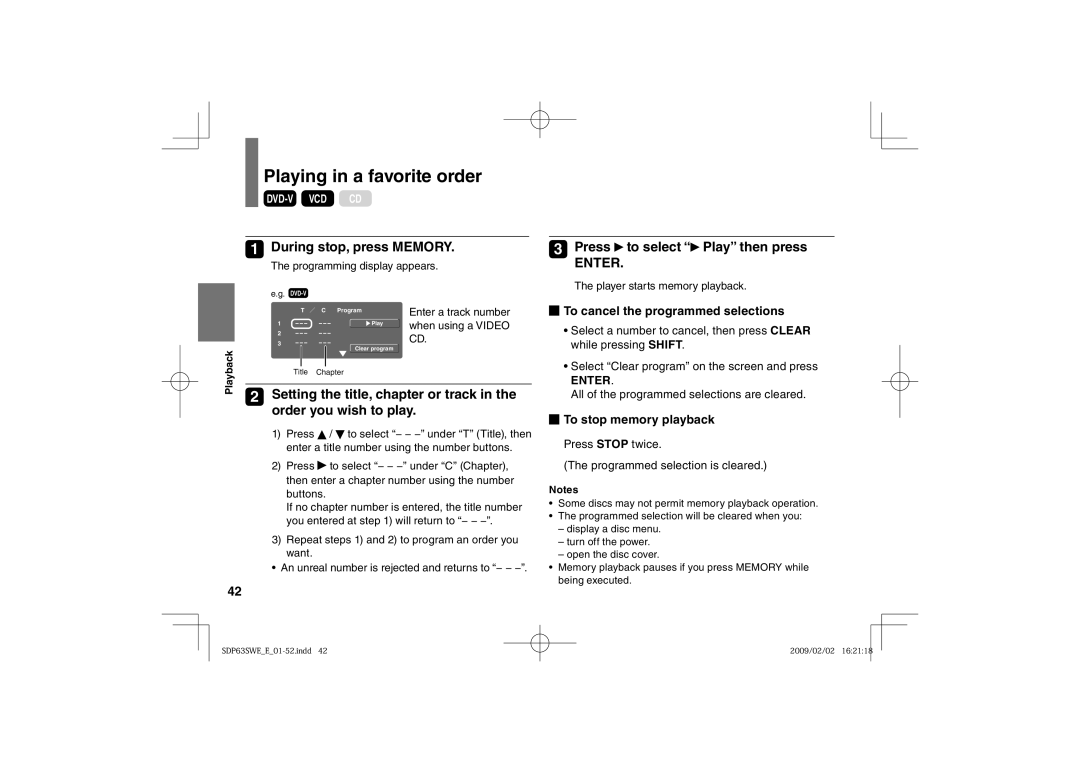 Toshiba SDP63SWE owner manual Playing in a favorite order, During stop, press Memory, Press to select Play then press 