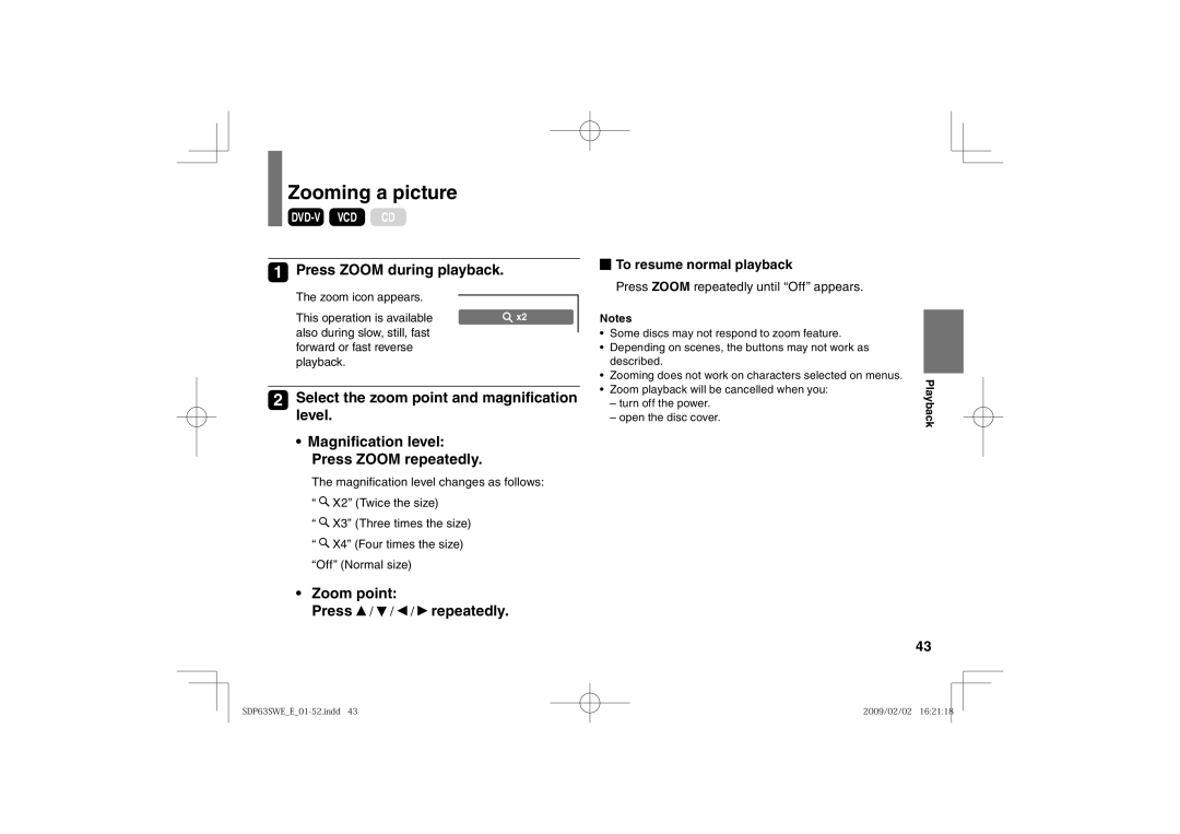 Toshiba SDP63SWE owner manual Zooming a picture, Press Zoom during playback, Select the zoom point and magnification level 