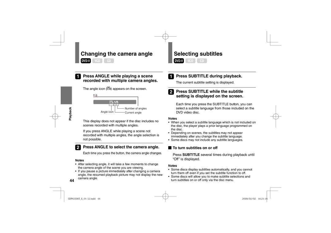 Toshiba SDP63SWE owner manual Changing the camera angle, Selecting subtitles, Press Subtitle during playback 