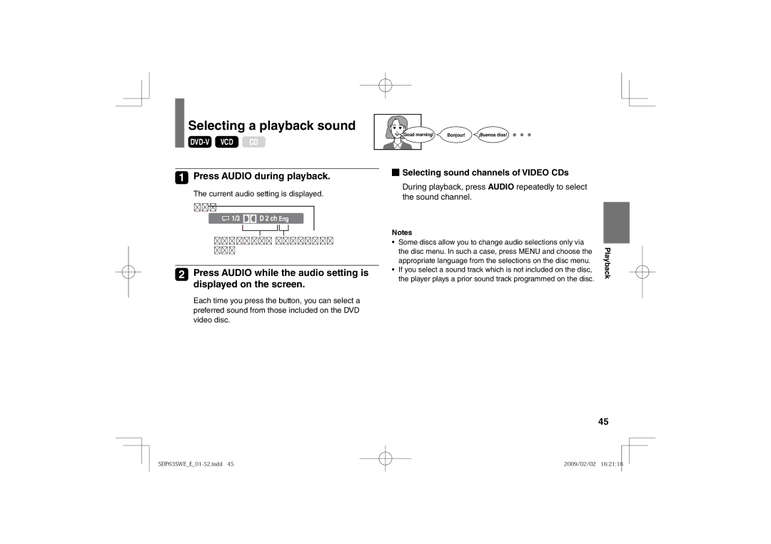 Toshiba SDP63SWE Selecting a playback sound, Press Audio during playback, Selecting sound channels of Video CDs 