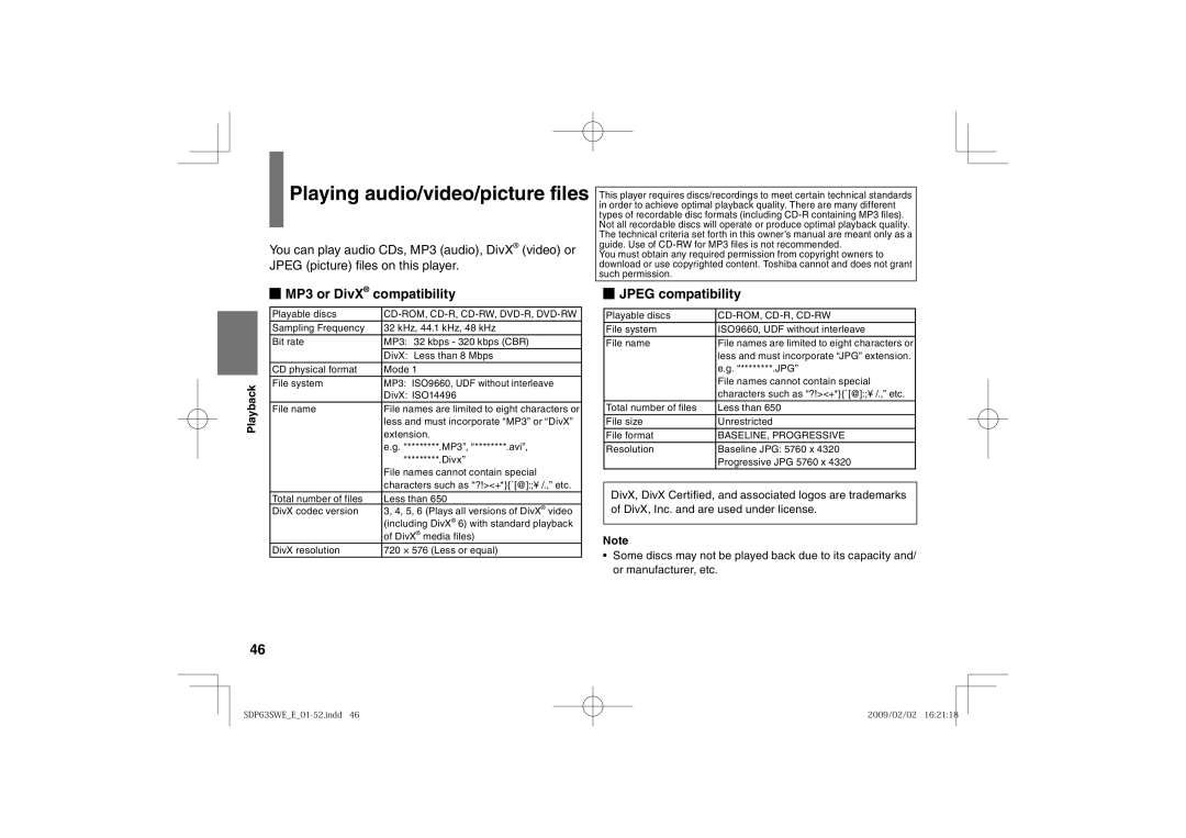 Toshiba SDP63SWE owner manual MP3 or DivX compatibility, Jpeg compatibility 