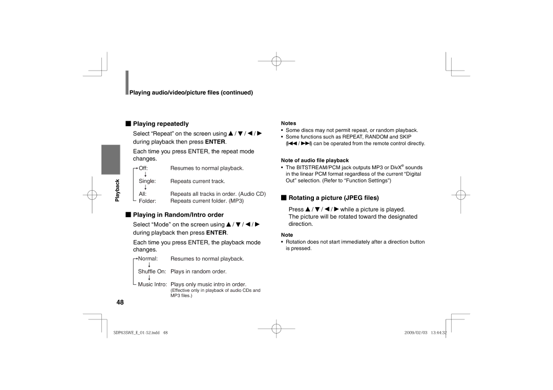 Toshiba SDP63SWE owner manual Playing in Random/Intro order, Rotating a picture Jpeg files 