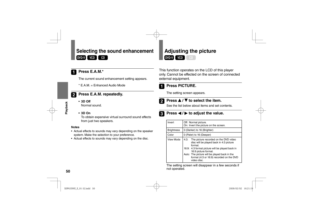 Toshiba SDP63SWE owner manual Selecting the sound enhancement, Adjusting the picture 