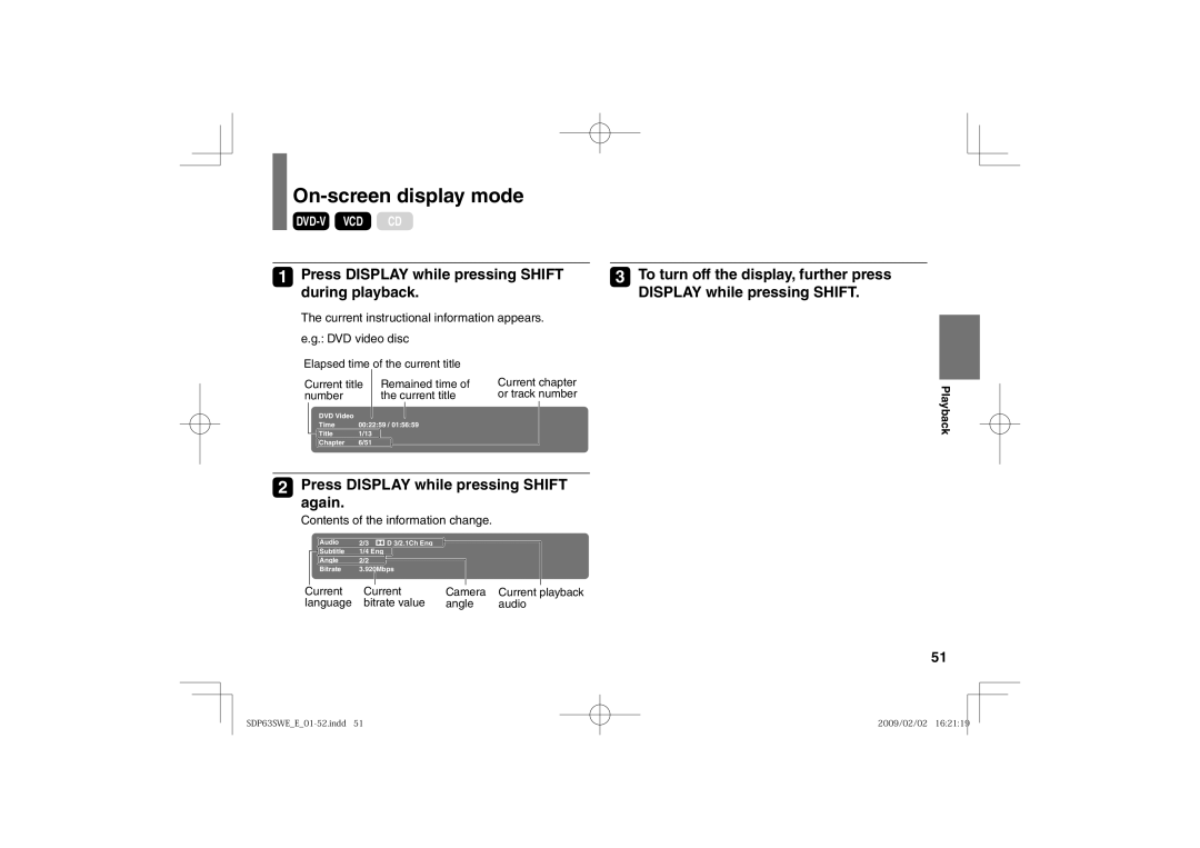 Toshiba SDP63SWE owner manual On-screen display mode, Press Display while pressing Shift during playback 