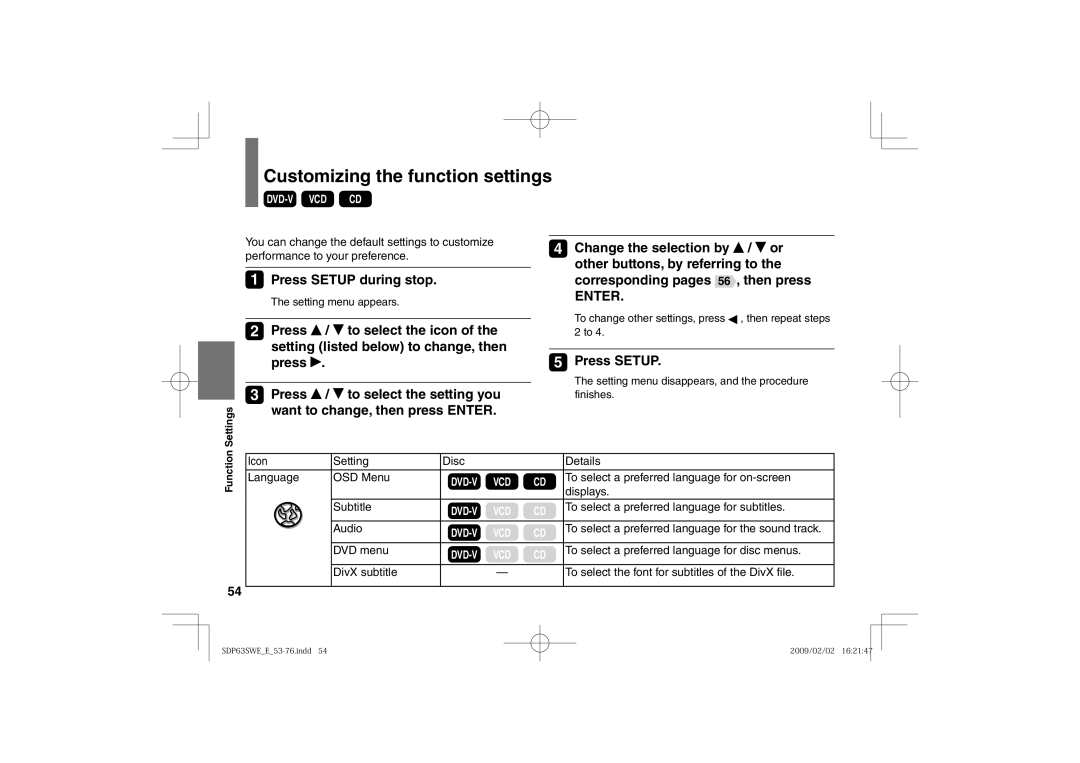 Toshiba SDP63SWE owner manual Customizing the function settings, Press Setup during stop, Press To select the setting you 