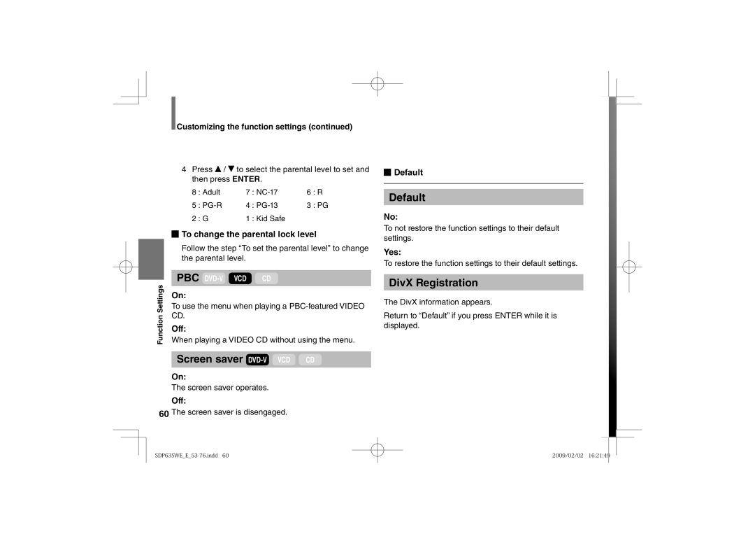 Toshiba SDP63SWE owner manual To change the parental lock level, Default, Yes 