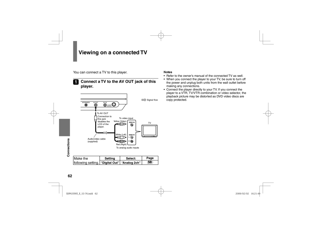 Toshiba SDP63SWE Viewing on a connected TV, Connect a TV to the AV OUT jack of this player, Make, Following setting 