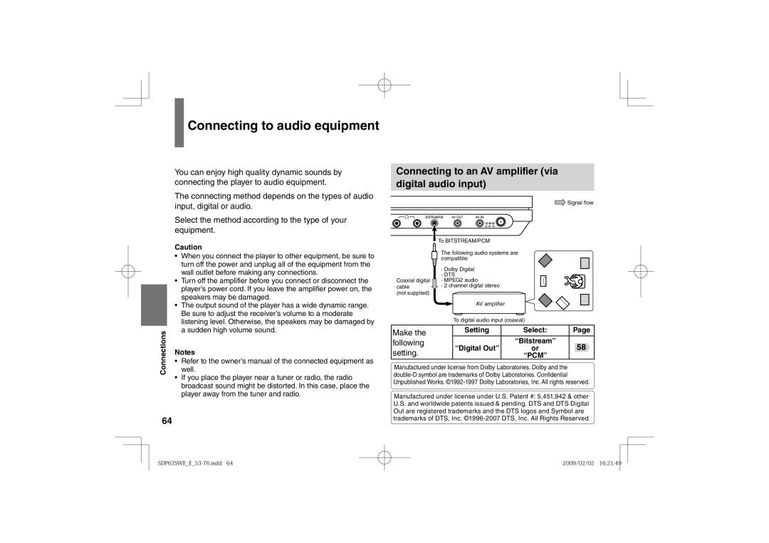 Toshiba SDP63SWE Connecting to audio equipment, Connecting to an AV amplifier via Digital audio input, Make, Following 