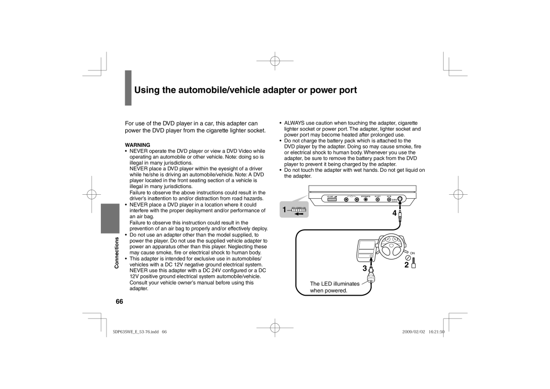 Toshiba SDP63SWE owner manual Using the automobile/vehicle adapter or power port 