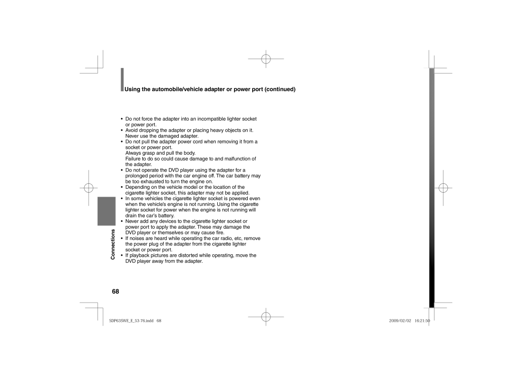 Toshiba SDP63SWE owner manual Using the automobile/vehicle adapter or power port 