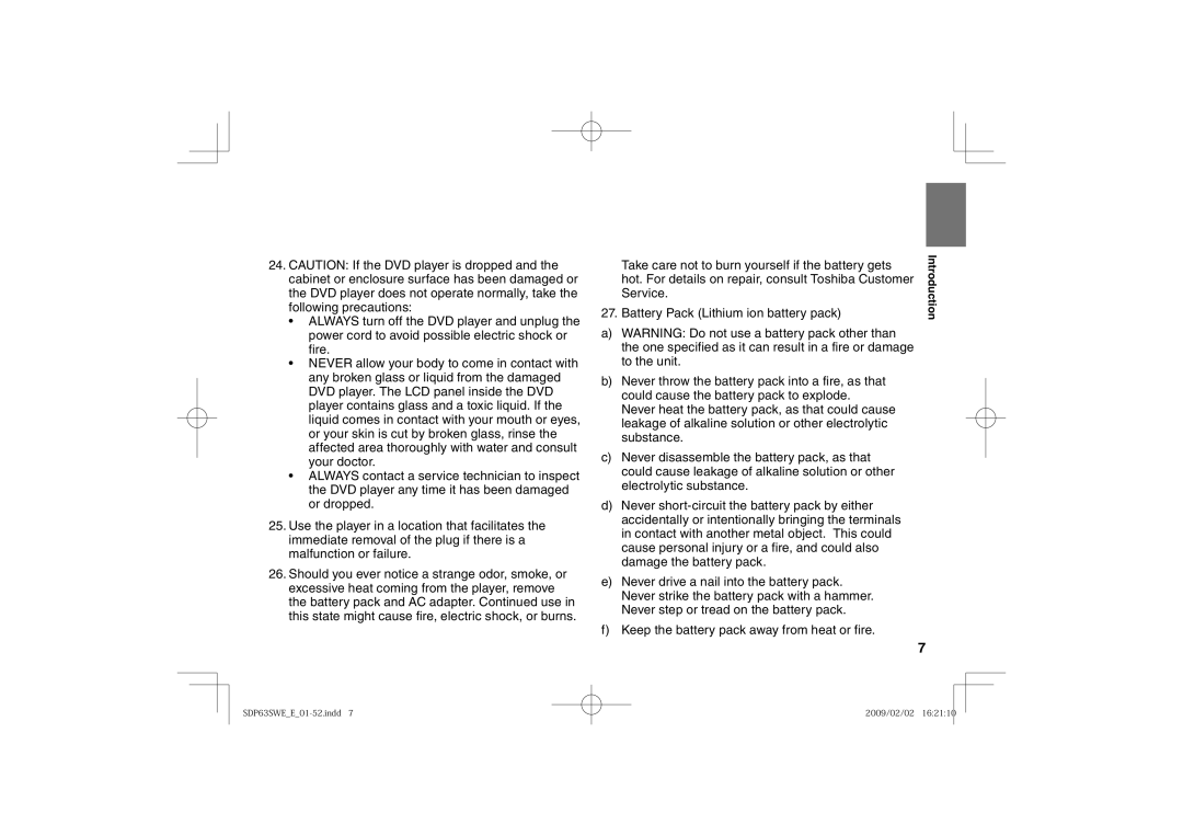 Toshiba SDP63SWE owner manual Introduction 