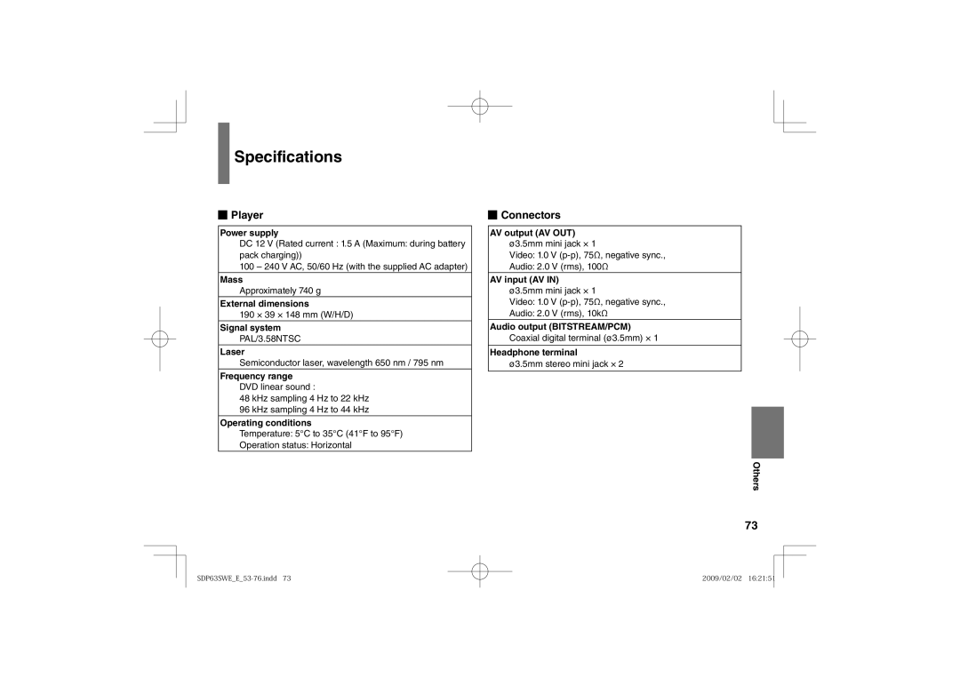 Toshiba SDP63SWE owner manual Specifications, Player, Connectors 