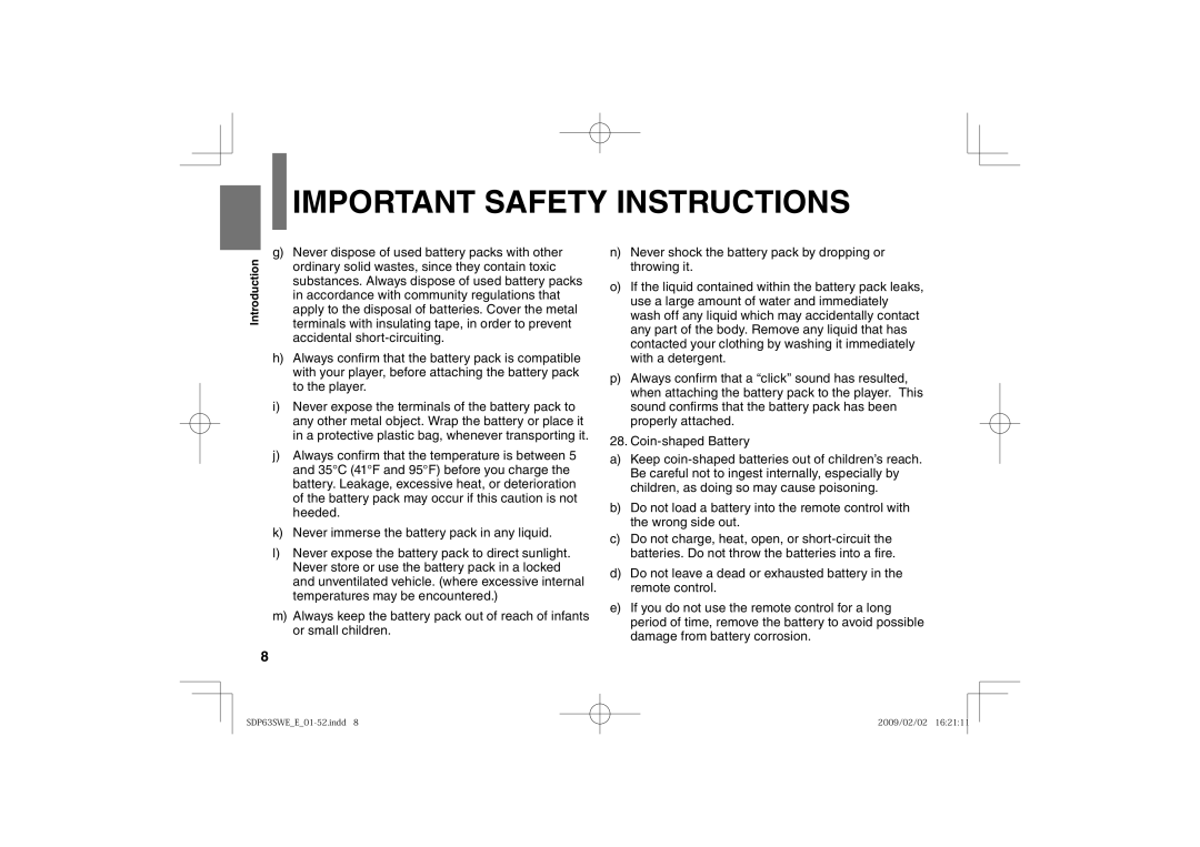 Toshiba SDP63SWE owner manual Important Safety Instructions 