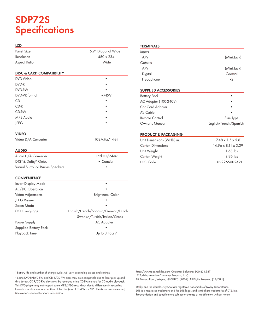 Toshiba SDP72S manual Supplied Accessories, Product & Packaging 