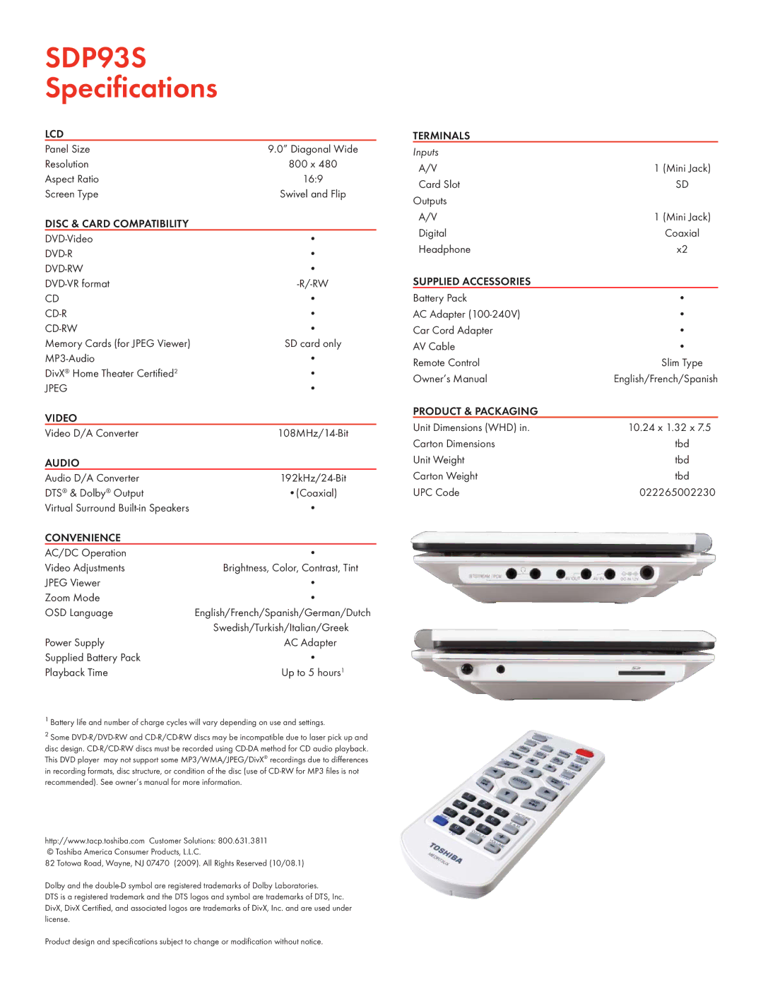 Toshiba SDP93S manual Supplied Accessories, Product & Packaging 