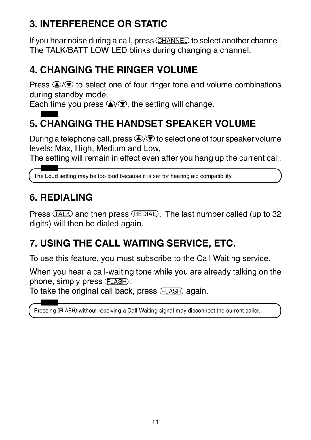 Toshiba SG-1701 Interference or Static, Changing the Ringer Volume, Changing the Handset Speaker Volume, Redialing 