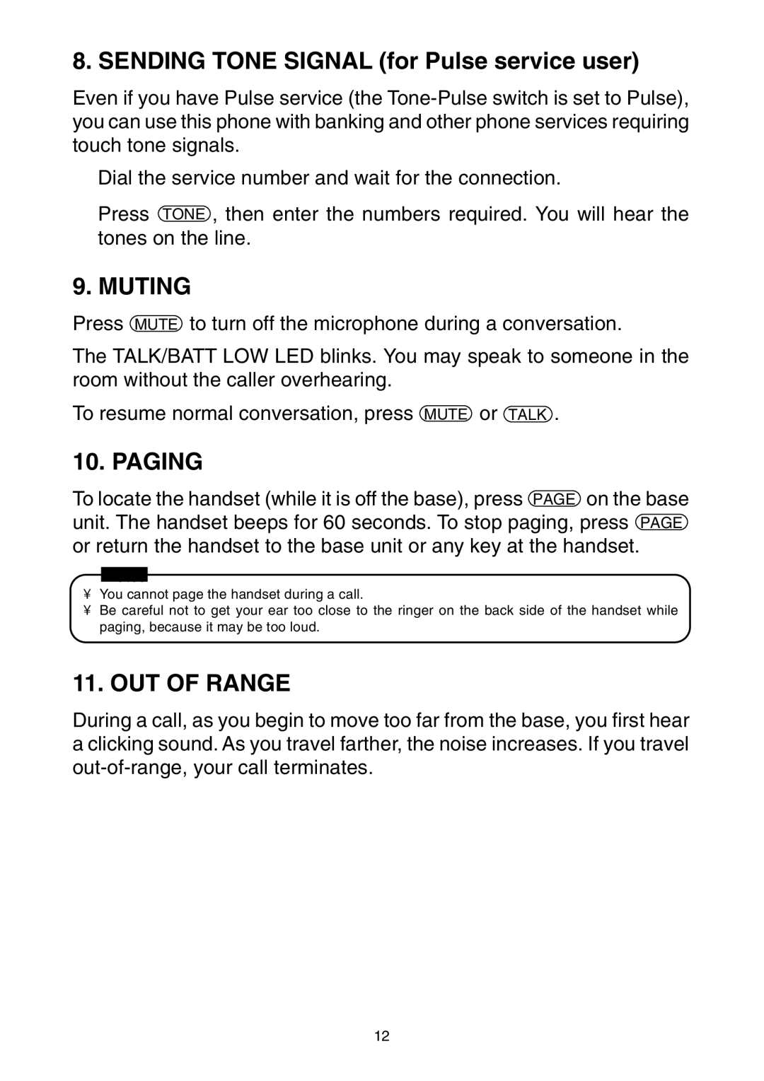 Toshiba SG-1701 owner manual Muting, Paging, OUT of Range 