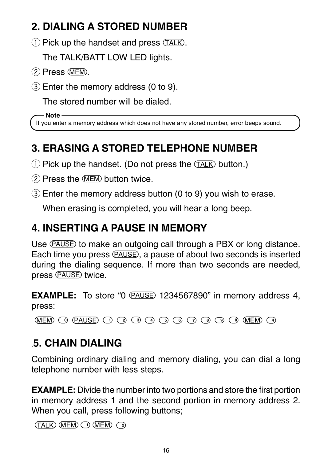 Toshiba SG-1701 Dialing a Stored Number, Erasing a Stored Telephone Number, Inserting a Pause in Memory, Chain Dialing 