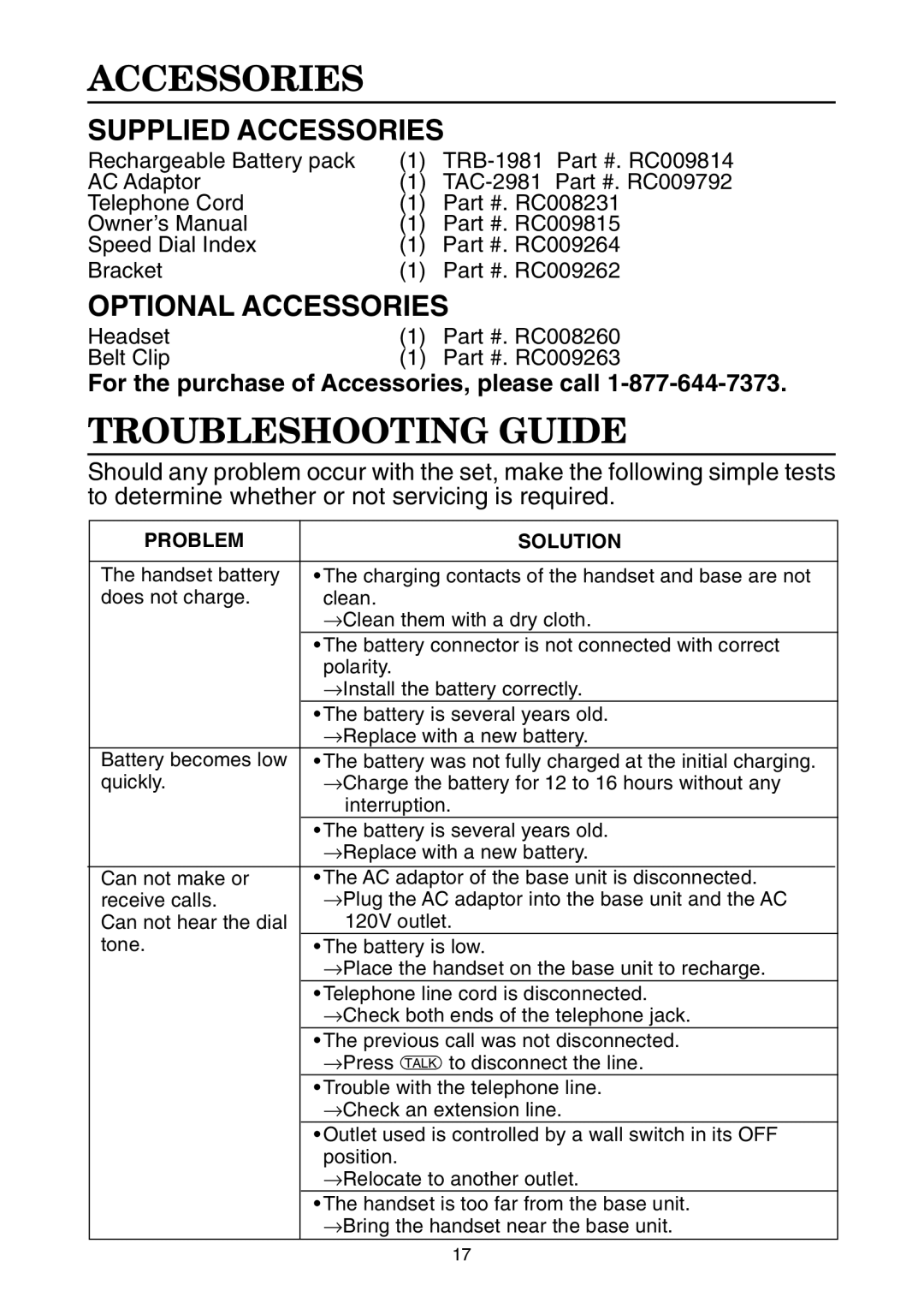 Toshiba SG-1701 owner manual Troubleshooting Guide, Supplied Accessories, Optional Accessories 