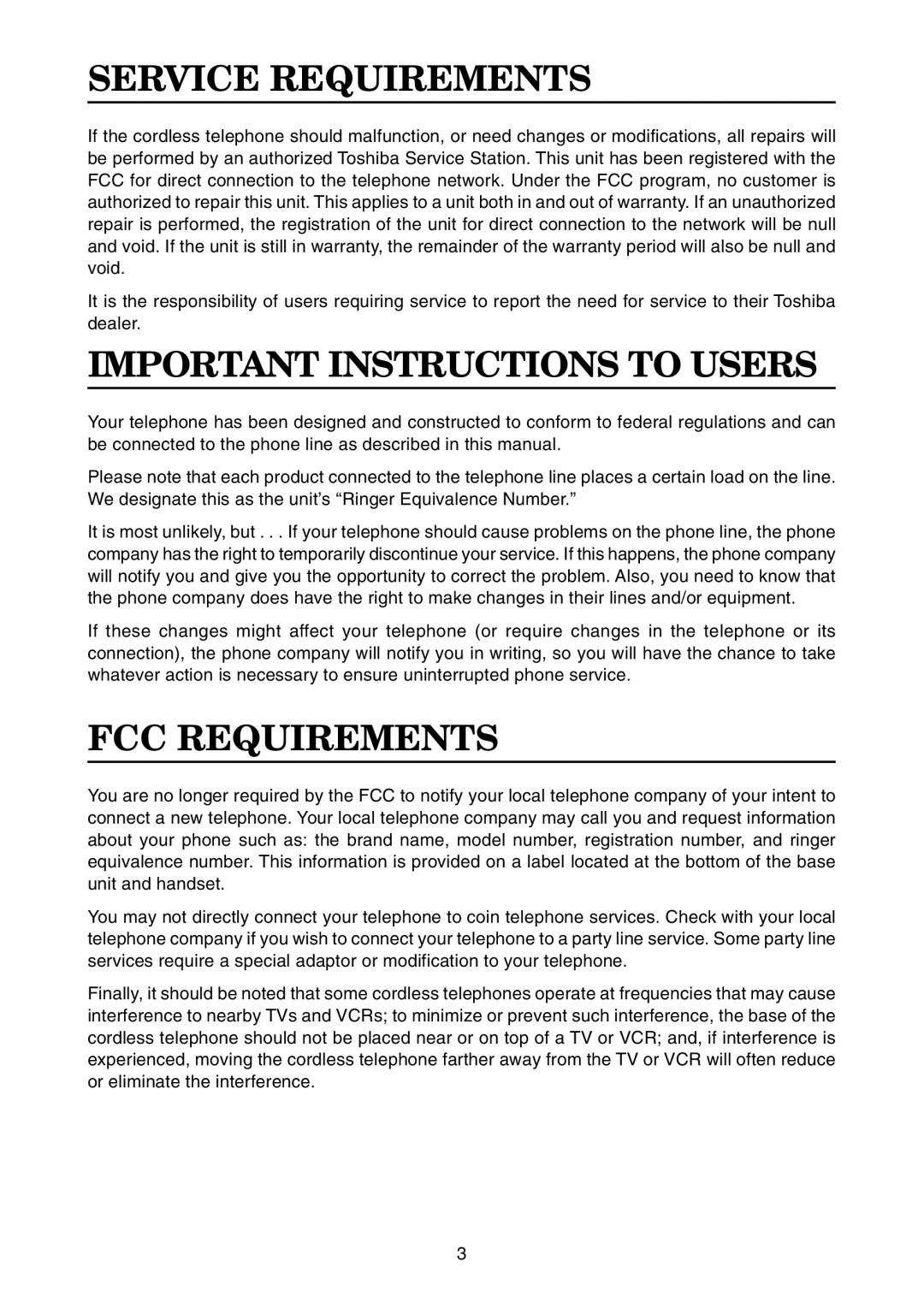 Toshiba SG-1701 owner manual Service Requirements, Important Instructions to Users, FCC Requirements 