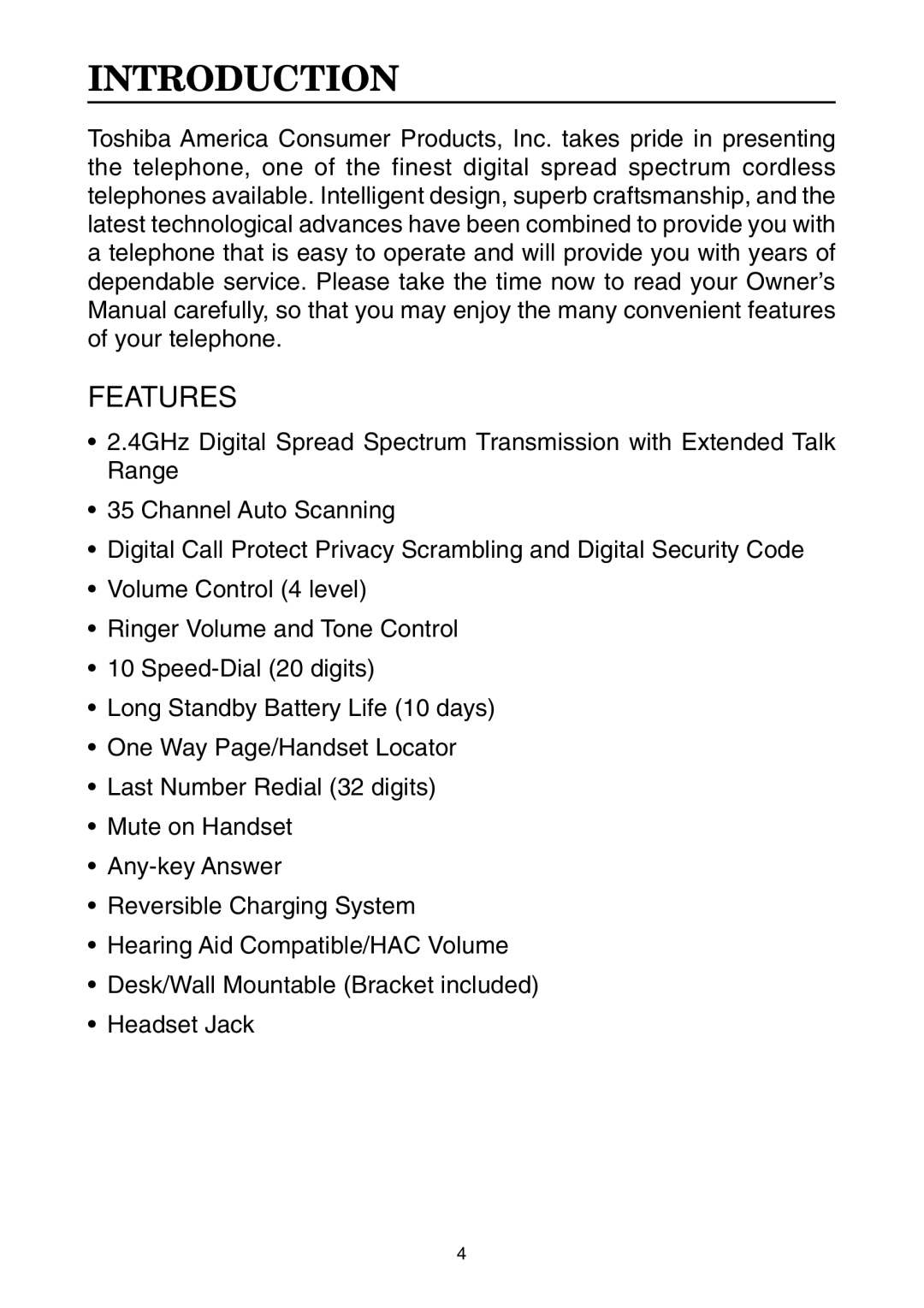 Toshiba SG-1701 owner manual Introduction, Features 