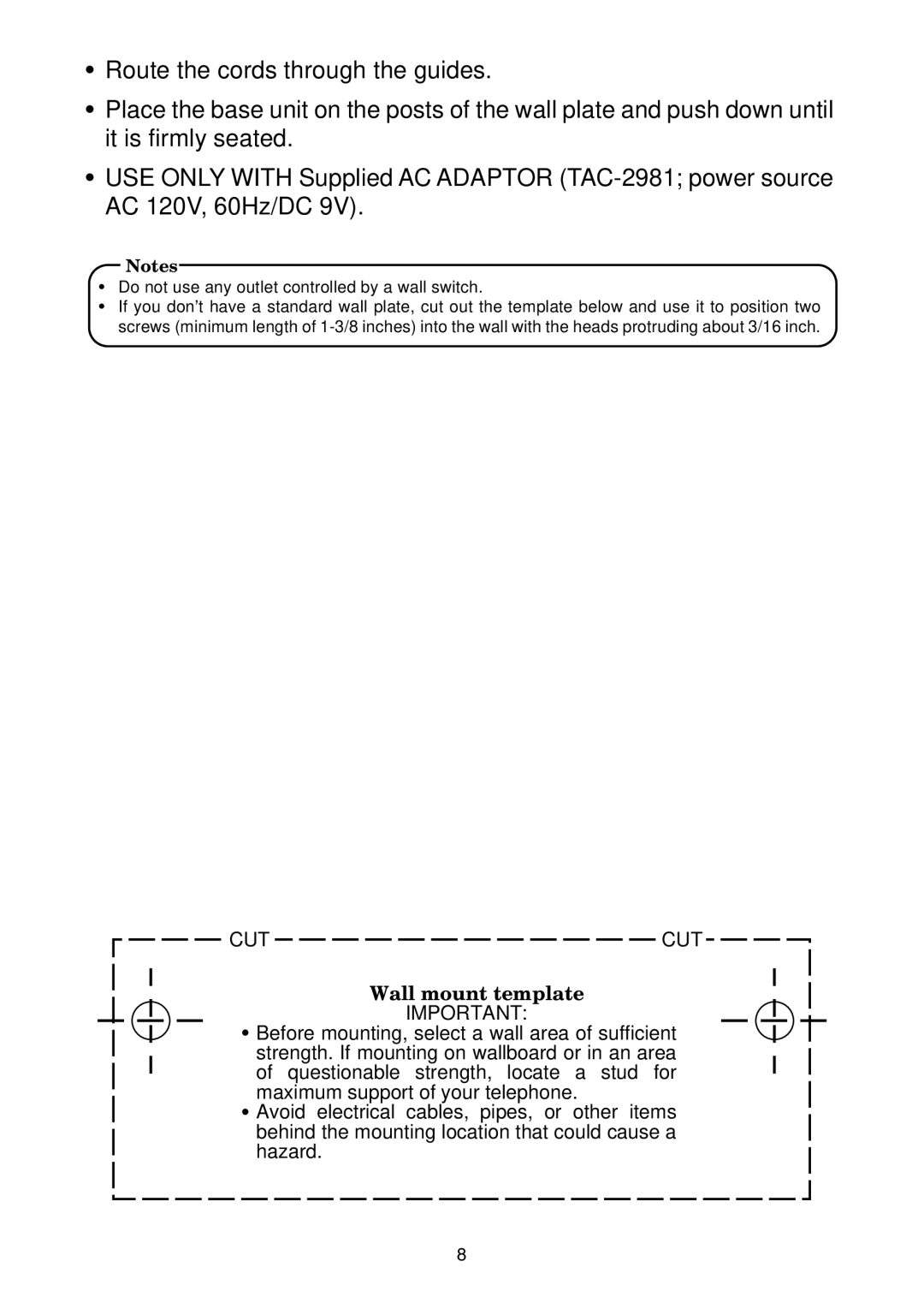 Toshiba SG-1701 owner manual Wall mount template 