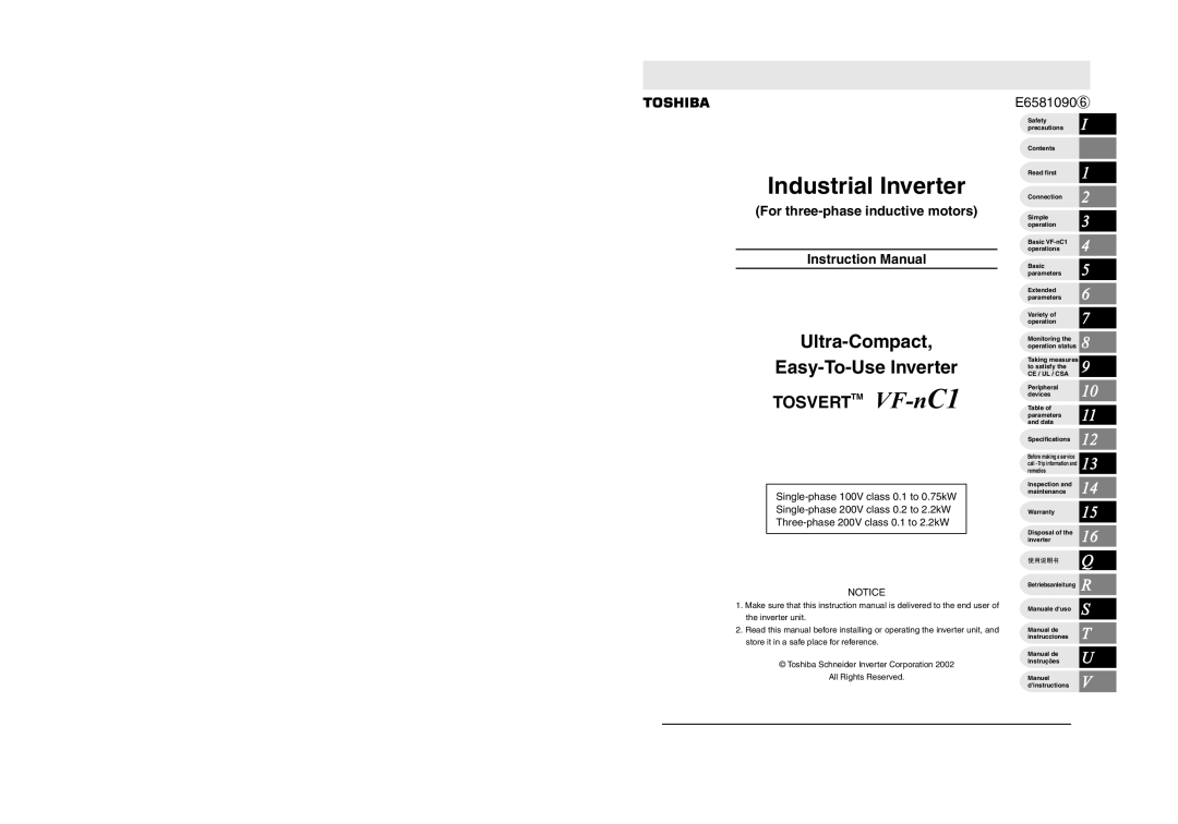 Toshiba Single-phase 100V class 0.1 to 0.75kW, Single-phase 200V class 0.2 to 2.2kW instruction manual Industrial Inverter 