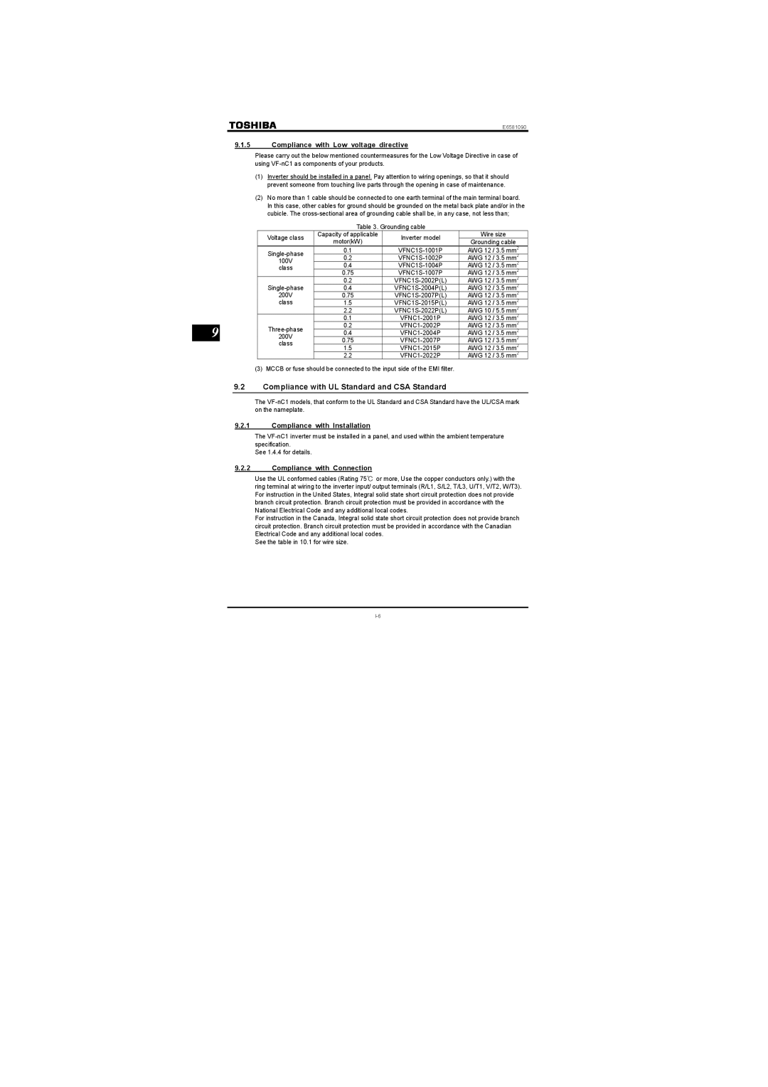 Toshiba Single-phase 100V class 0.1 to 0.75kW Compliance with UL Standard and CSA Standard, Compliance with Installation 