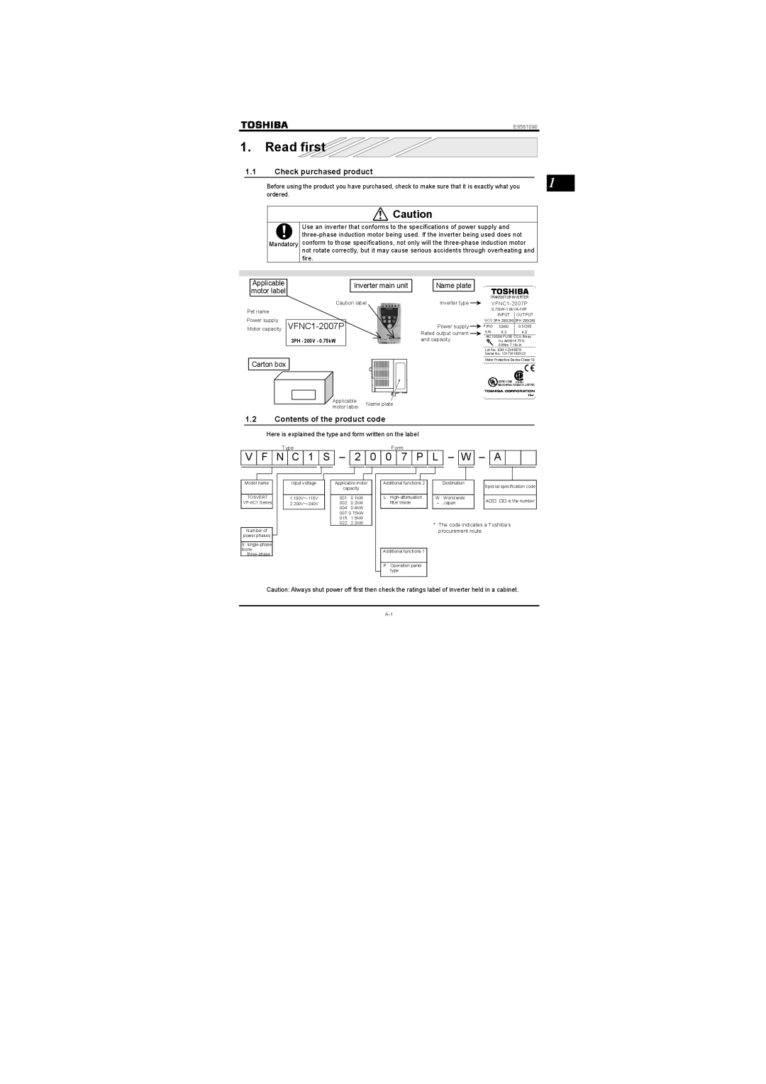 Toshiba Three-phase 200V class 0.1 to 2.2kW Read first, Check purchased product, Contents of the product code 