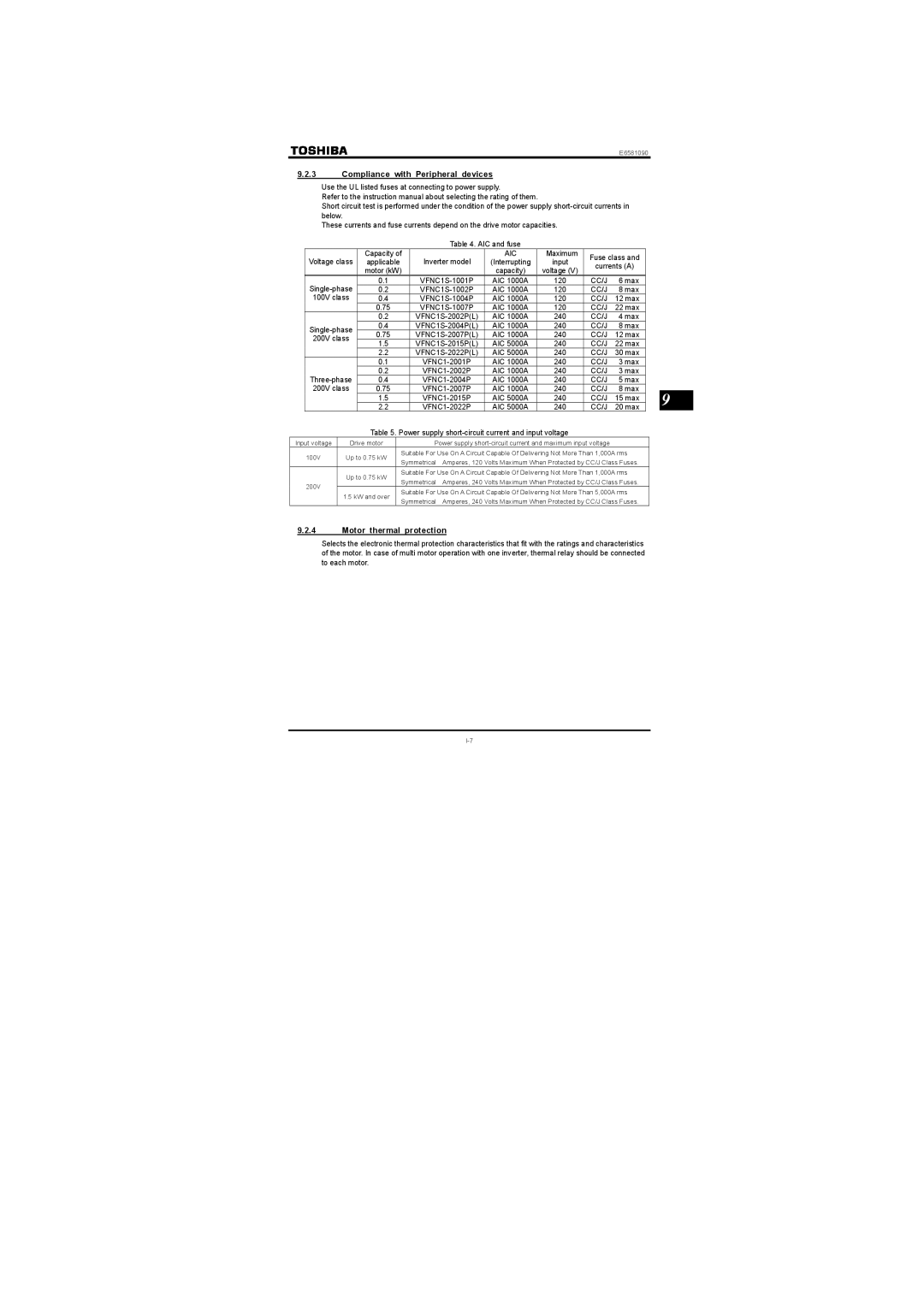 Toshiba Three-phase 200V class 0.1 to 2.2kW Compliance with Peripheral devices, Motor thermal protection, Aic, Cc/J 