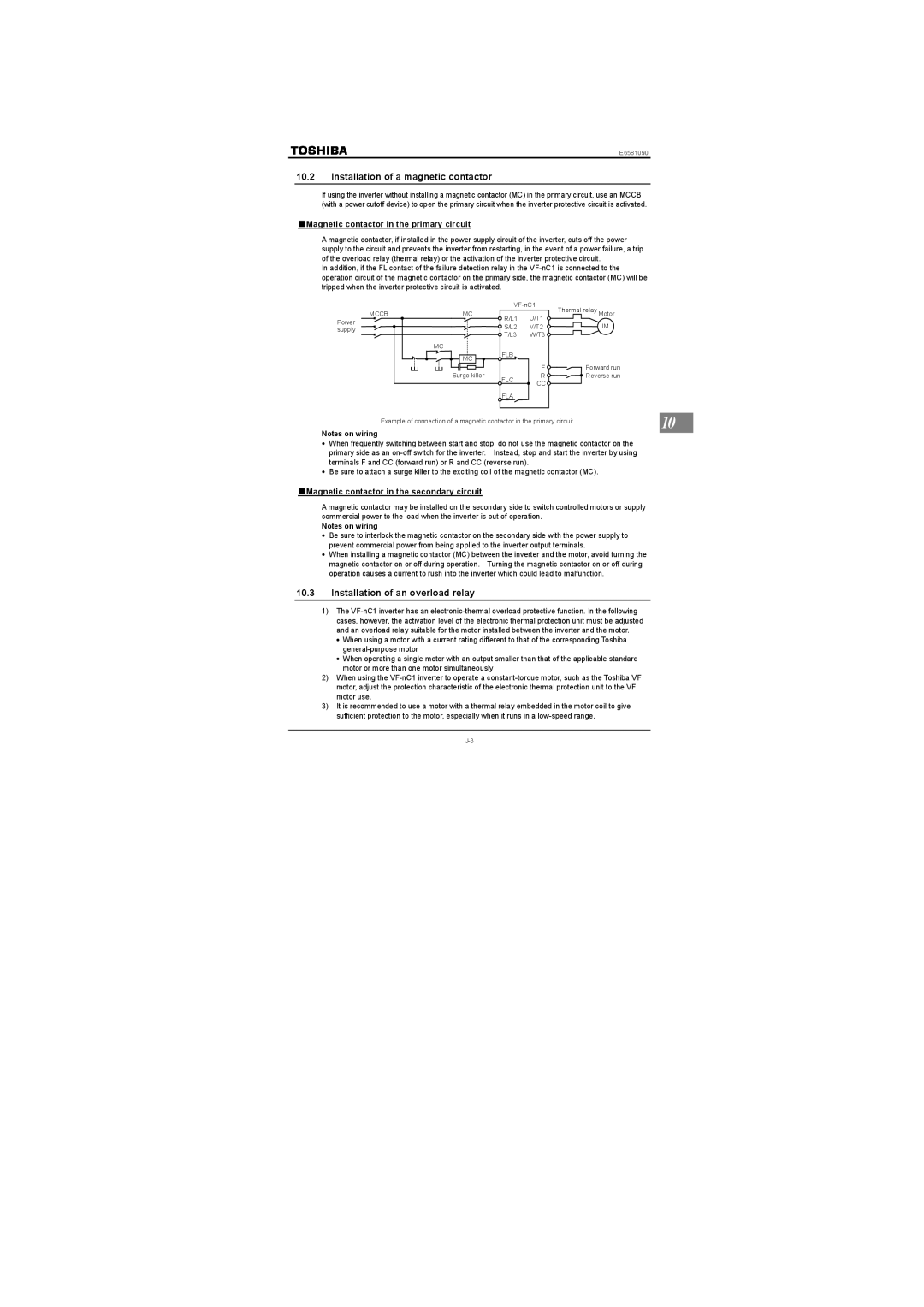 Toshiba Three-phase 200V class 0.1 to 2.2kW Installation of a magnetic contactor, Installation of an overload relay 