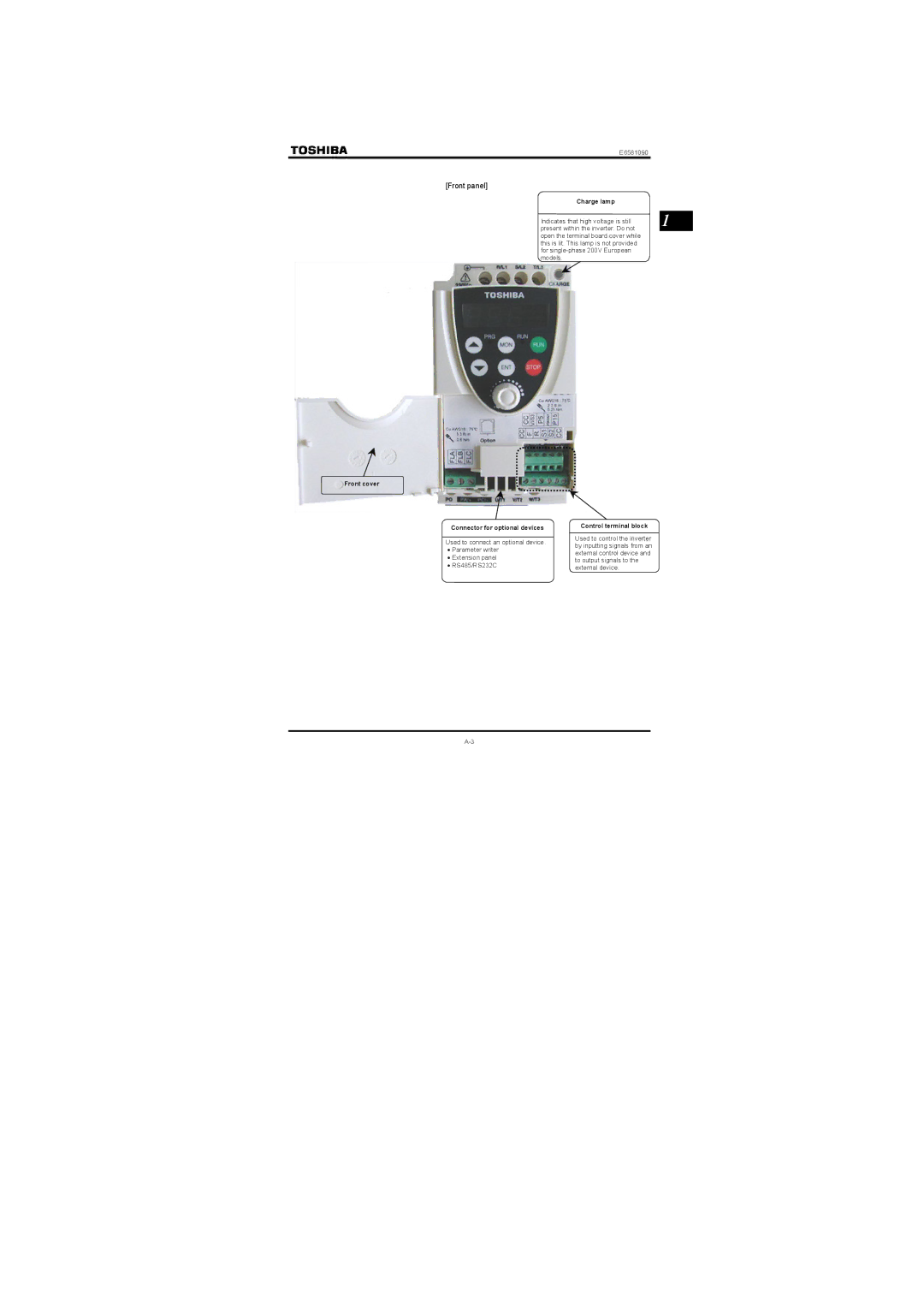 Toshiba Single-phase 100V class 0.1 to 0.75kW, Single-phase 200V class 0.2 to 2.2kW instruction manual Front panel 