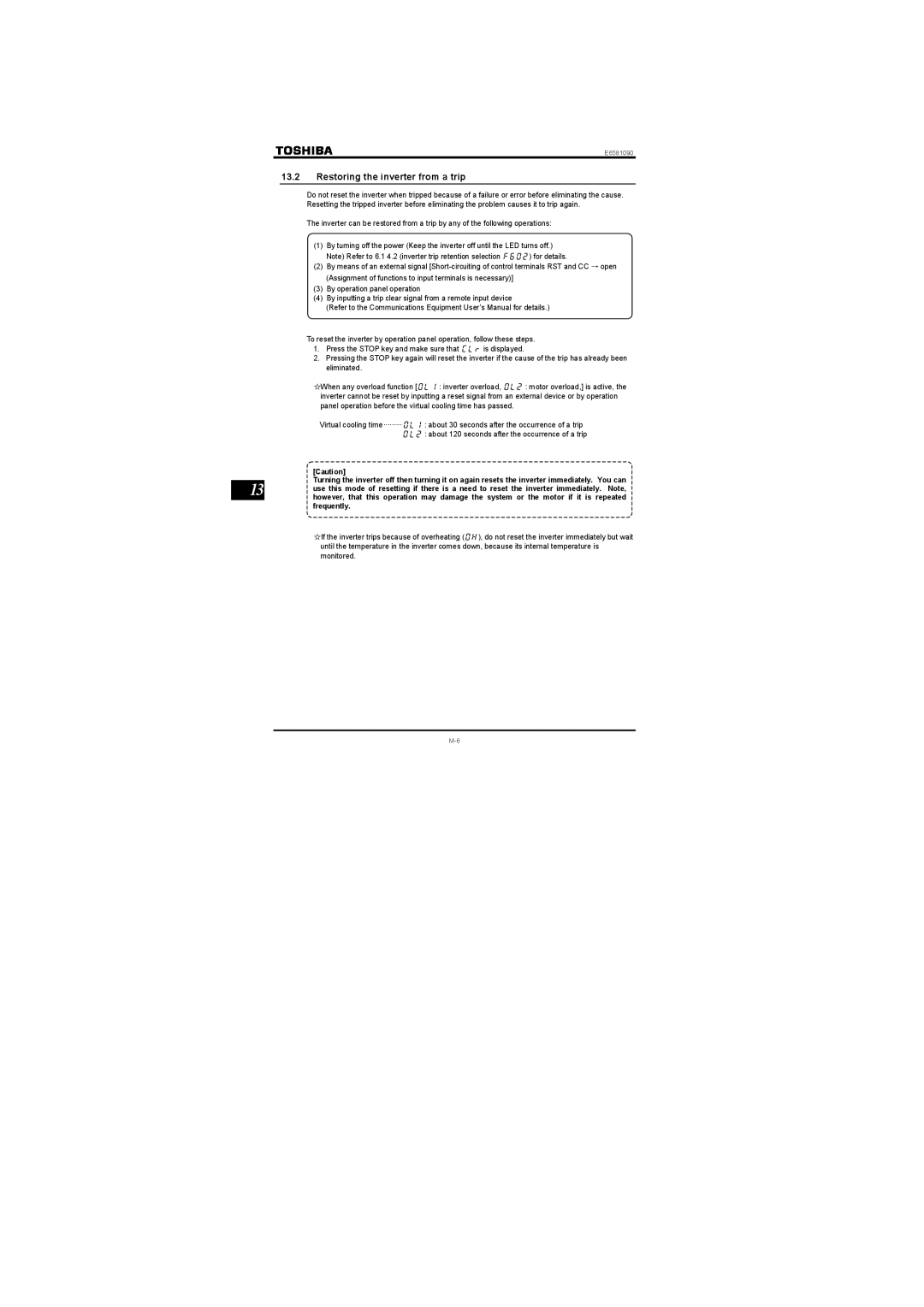 Toshiba Single-phase 200V class 0.2 to 2.2kW, Single-phase 100V class 0.1 to 0.75kW Restoring the inverter from a trip 