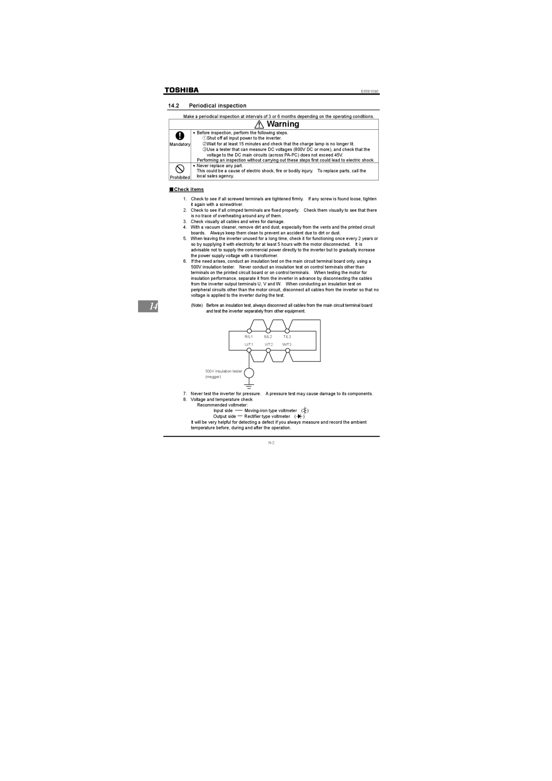 Toshiba Single-phase 100V class 0.1 to 0.75kW, Single-phase 200V class 0.2 to 2.2kW Periodical inspection, Check items 