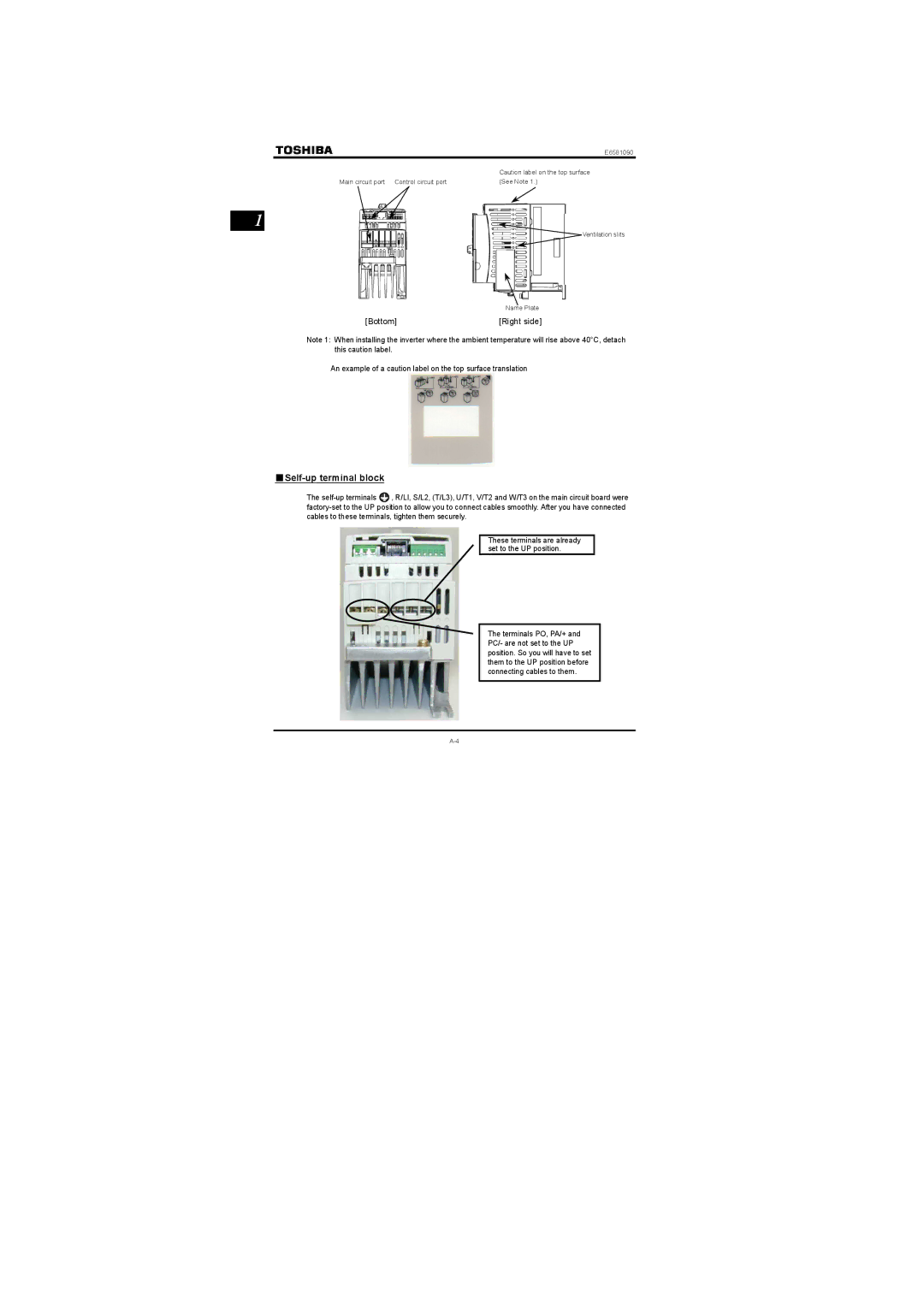 Toshiba Three-phase 200V class 0.1 to 2.2kW, Single-phase 200V class 0.2 to 2.2kW instruction manual Self-up terminal block 