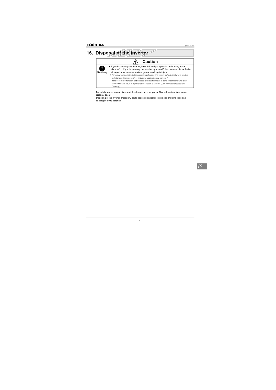 Toshiba Three-phase 200V class 0.1 to 2.2kW, Single-phase 200V class 0.2 to 2.2kW Disposal of the inverter 