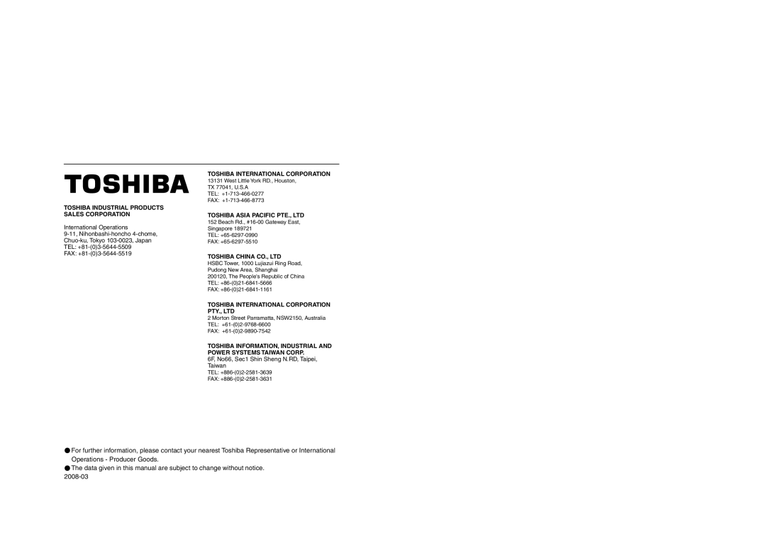 Toshiba Single-phase 200V class 0.2 to 2.2kW, Single-phase 100V class 0.1 to 0.75kW instruction manual Toshiba 