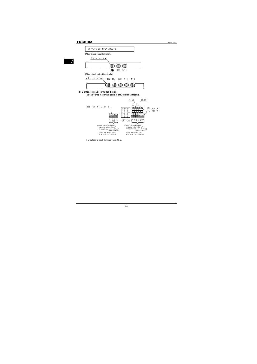 Toshiba Single-phase 200V class 0.2 to 2.2kW, Single-phase 100V class 0.1 to 0.75kW Control circuit terminal block 