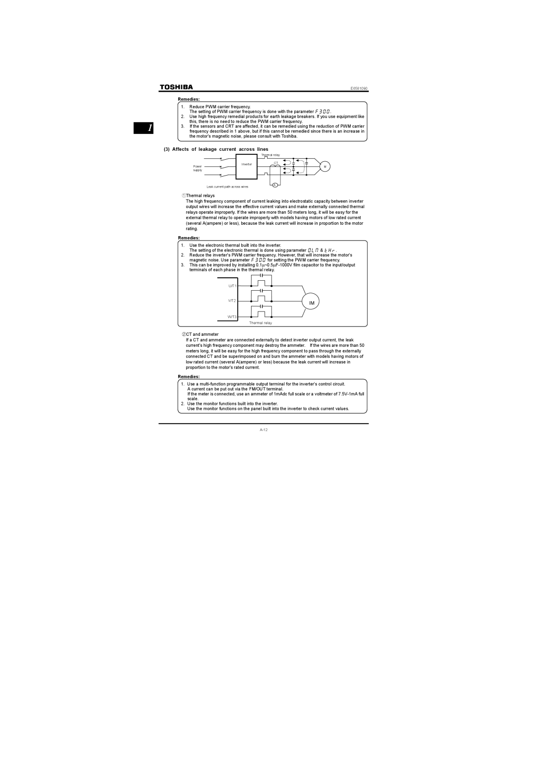 Toshiba Single-phase 100V class 0.1 to 0.75kW instruction manual Affects of leakage current across lines, Remedies 