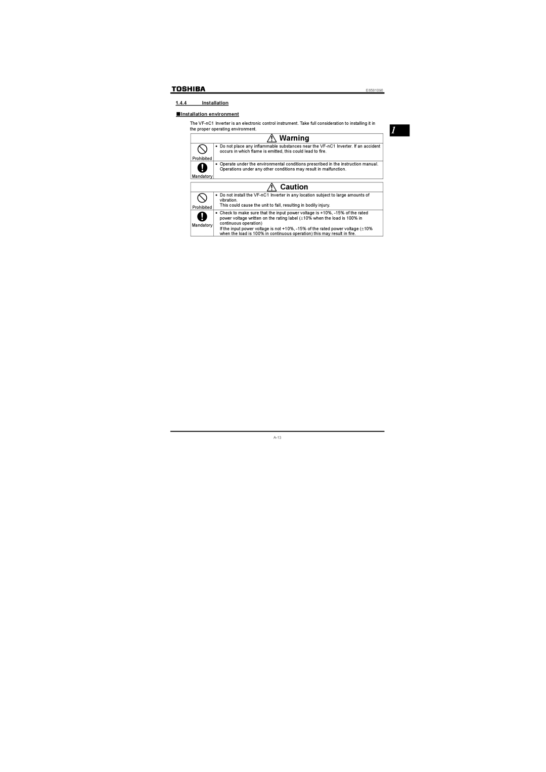 Toshiba Three-phase 200V class 0.1 to 2.2kW, Single-phase 200V class 0.2 to 2.2kW Installation Installation environment 