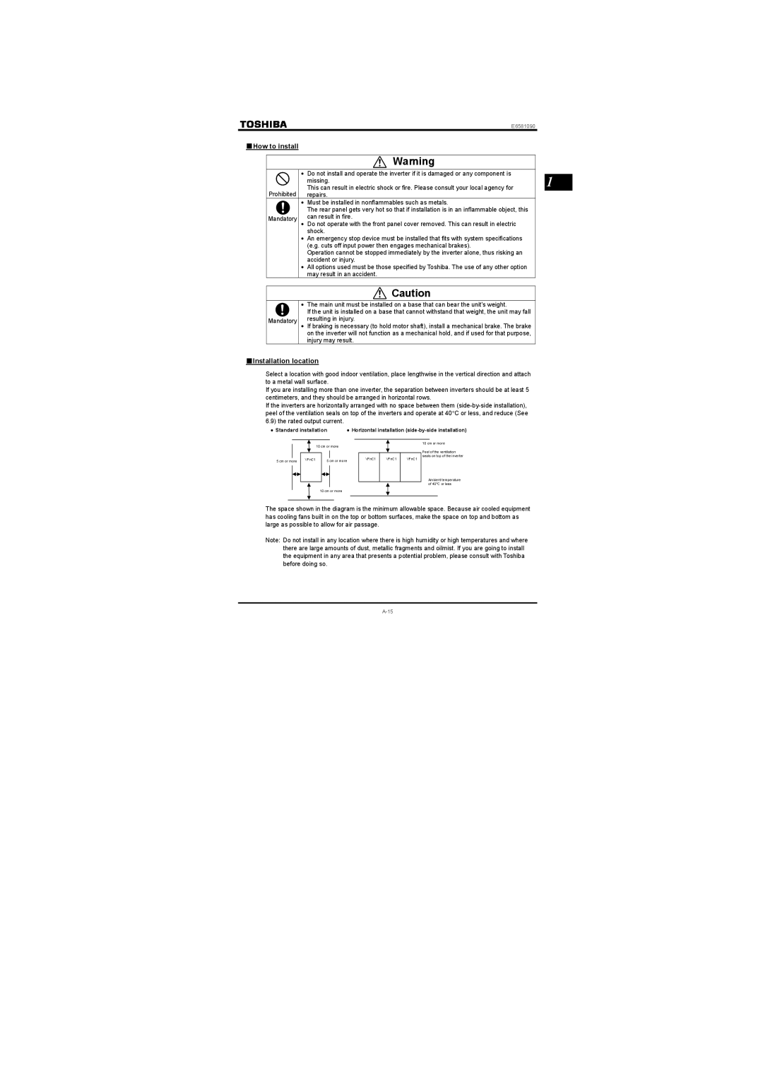 Toshiba Single-phase 100V class 0.1 to 0.75kW, Single-phase 200V class 0.2 to 2.2kW How to install, Installation location 