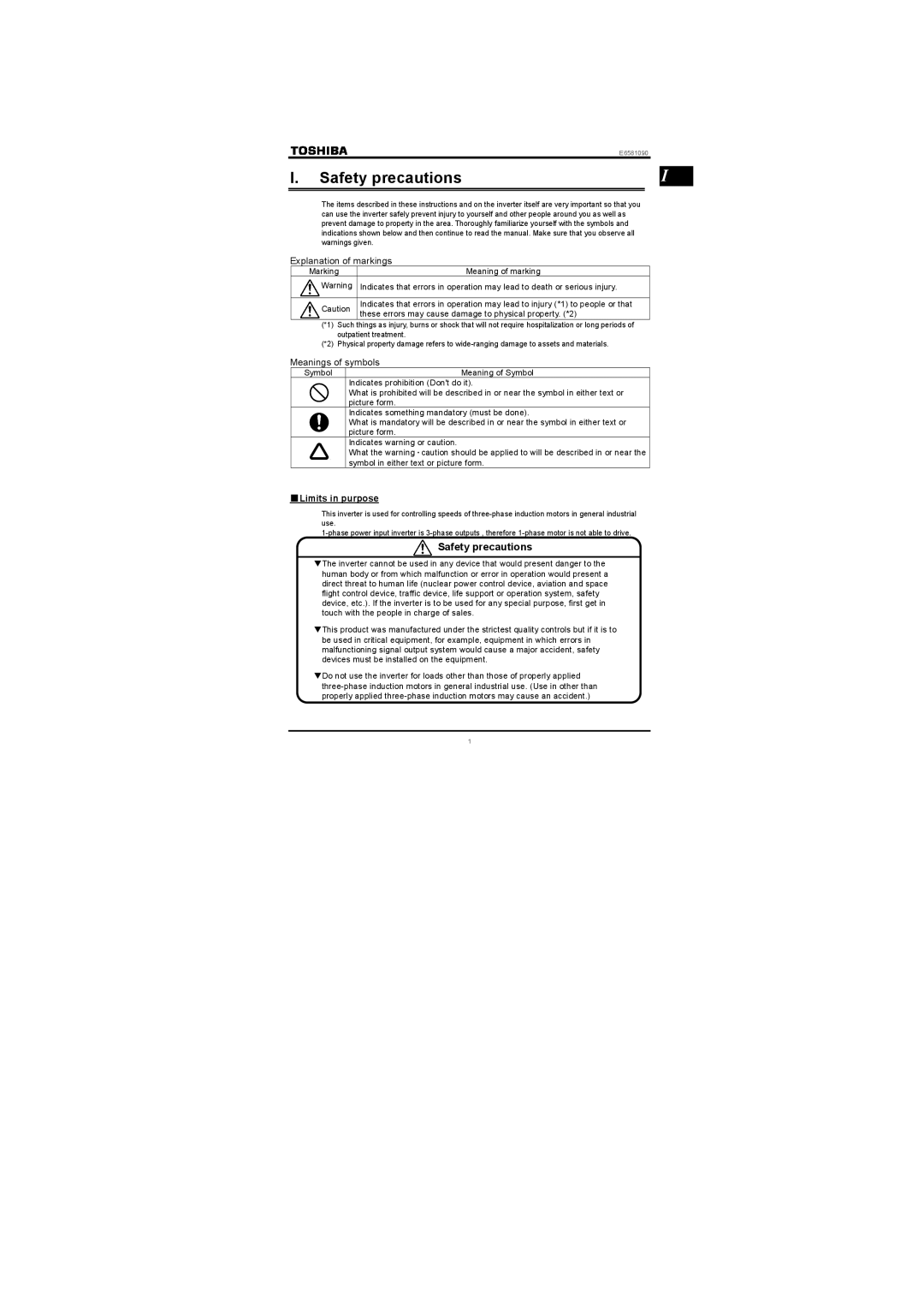 Toshiba Single-phase 200V class 0.2 to 2.2kW, Single-phase 100V class 0.1 to 0.75kW Safety precautions, Limits in purpose 