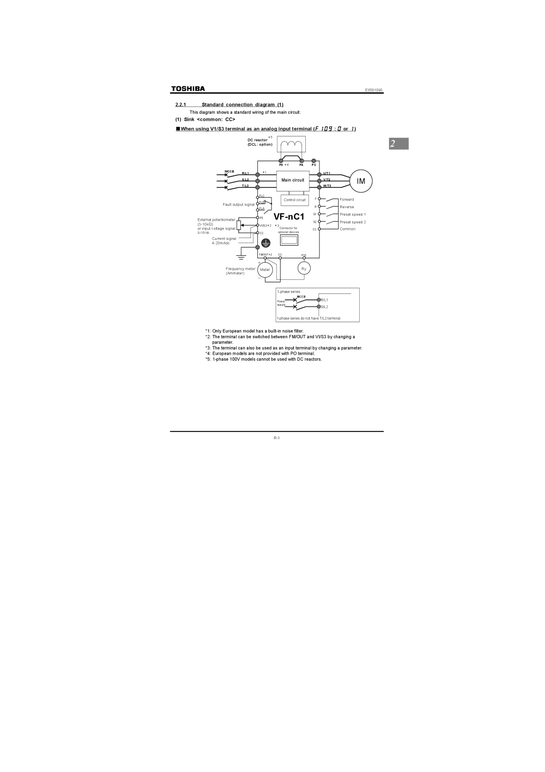 Toshiba Single-phase 200V class 0.2 to 2.2kW, Single-phase 100V class 0.1 to 0.75kW VF-nC1, Standard connection diagram 