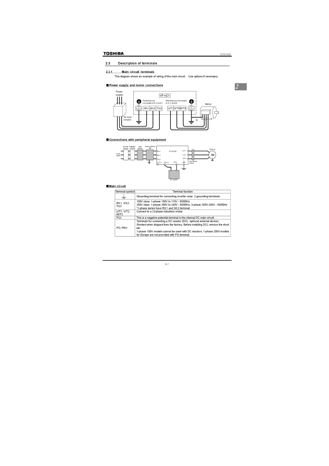 Toshiba Single-phase 100V class 0.1 to 0.75kW instruction manual Description of terminals, Main circuit terminals 