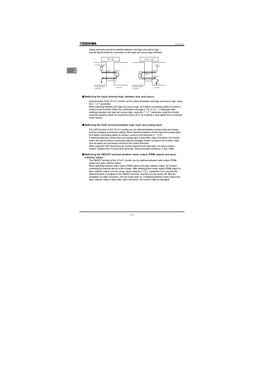 Toshiba Single-phase 100V class 0.1 to 0.75kW instruction manual Switching the input terminal logic between sink and source 